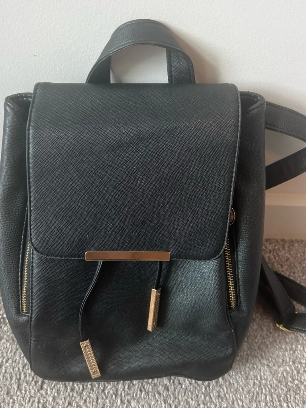 Black Women's Faux Leather Backpack with Gold Accents